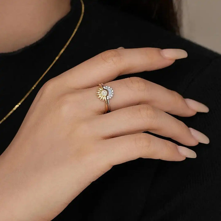 Ensemble de Bagues Intemporelles Soleil et Lune en Argent avec Zirconia