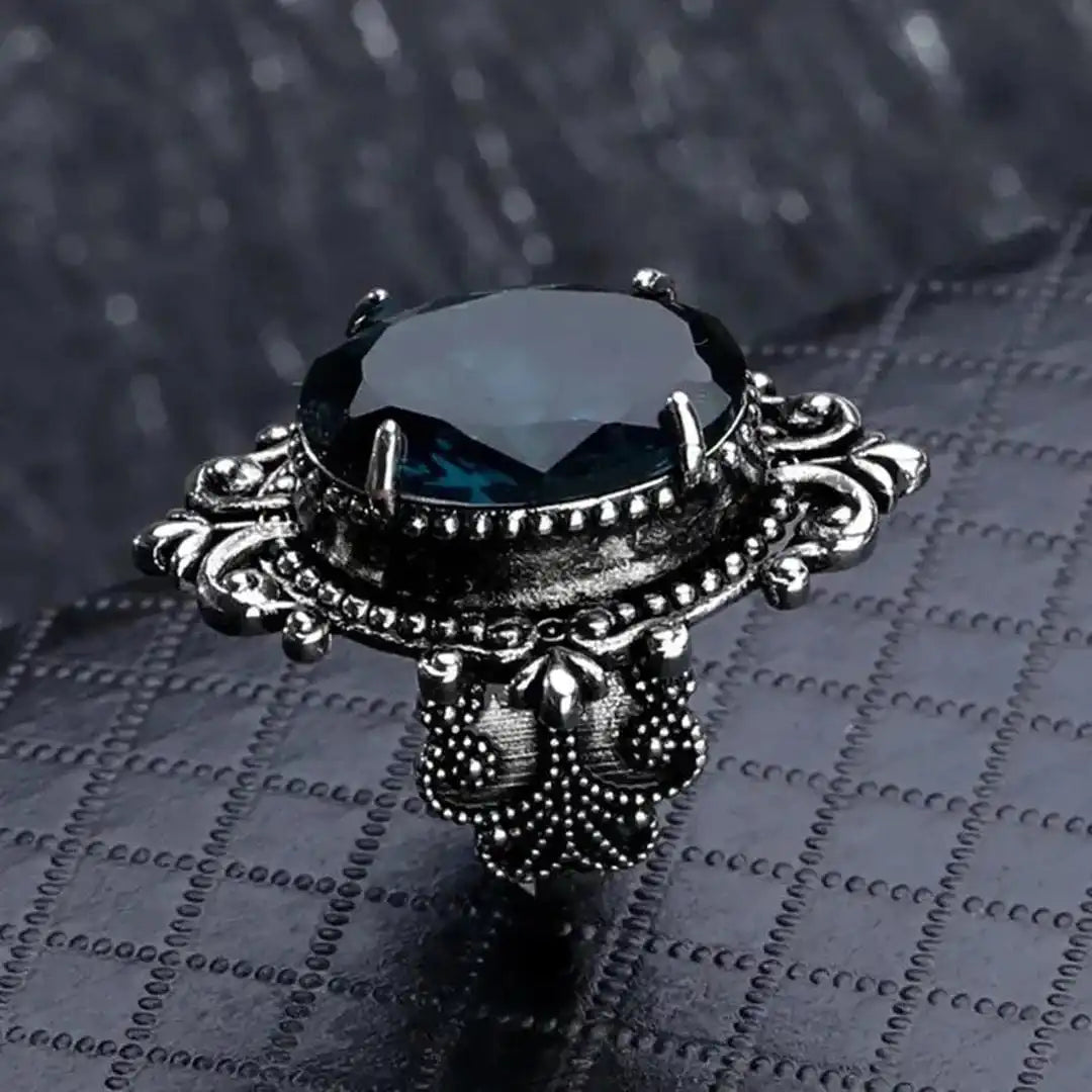 Bague Vintage en Argent Ovale avec Zirconium Bleu