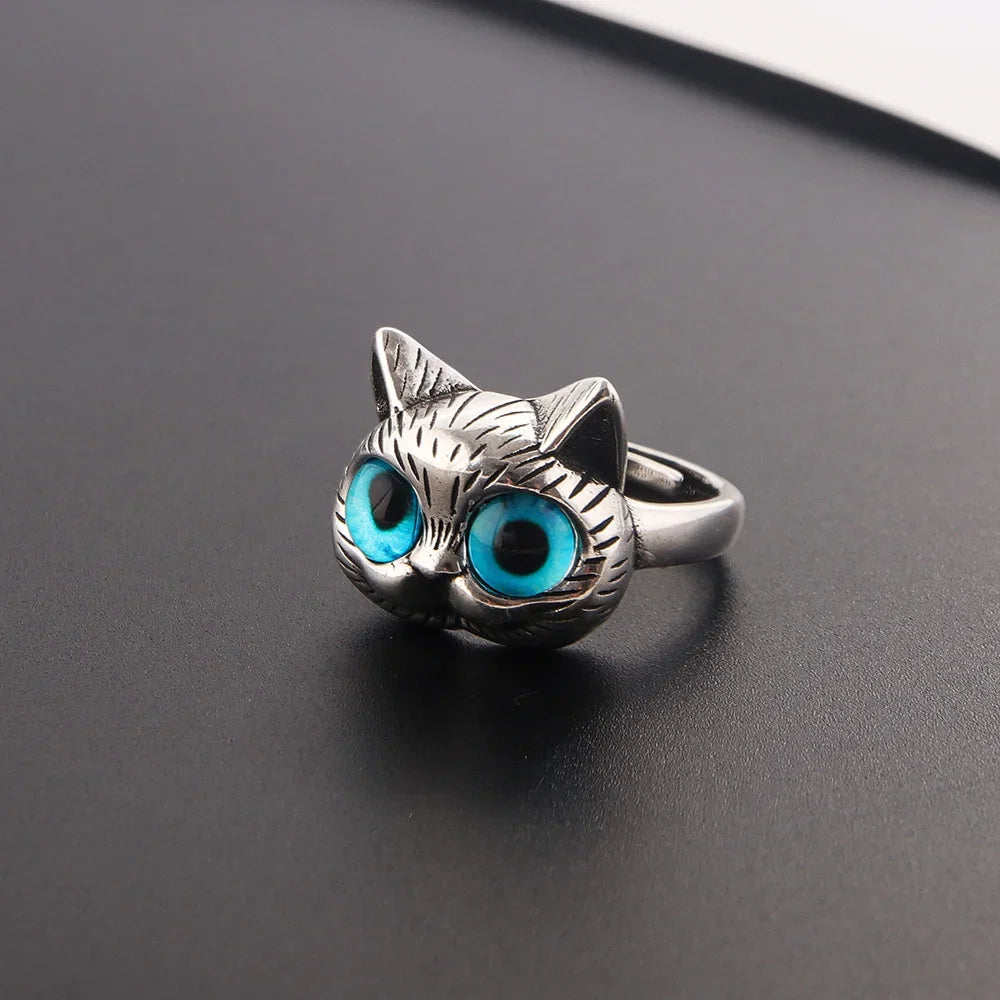 Bague Chat aux Yeux Bleus – Bague Animale Vintage en Argent pour Passionnés de Chats