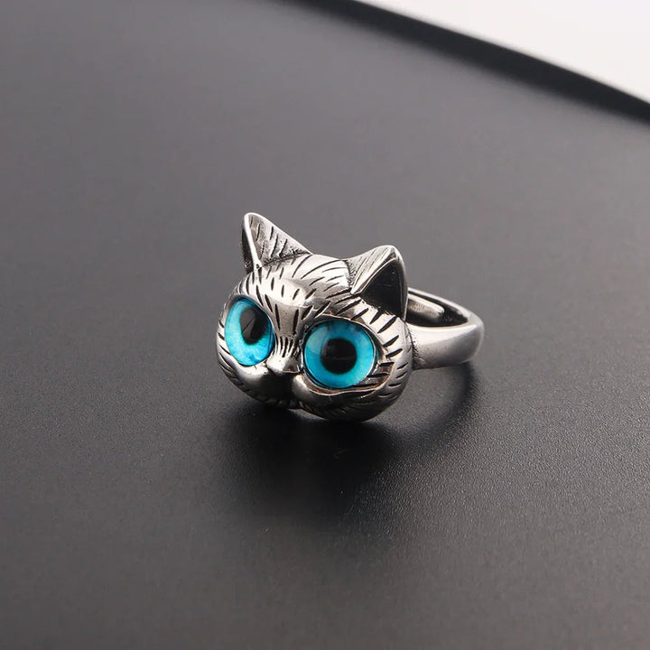 Bague Chat aux Yeux Bleus – Bague Animale Vintage en Argent pour Passionnés de Chats