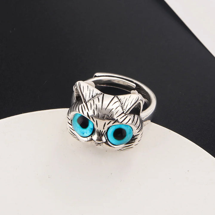 Bague Chat aux Yeux Bleus – Bague Animale Vintage en Argent pour Passionnés de Chats