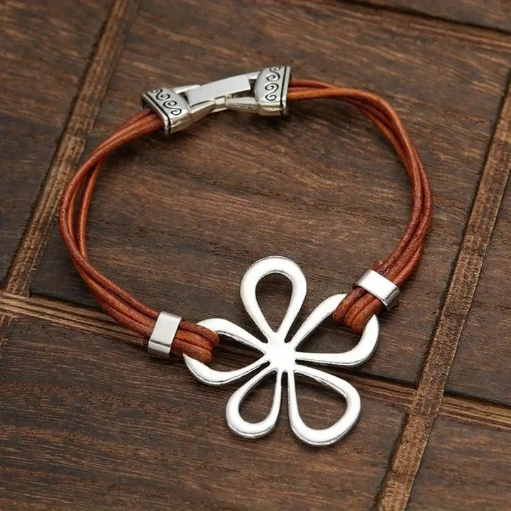 Bracelet Classique en Cuir Argenté avec Fleurs