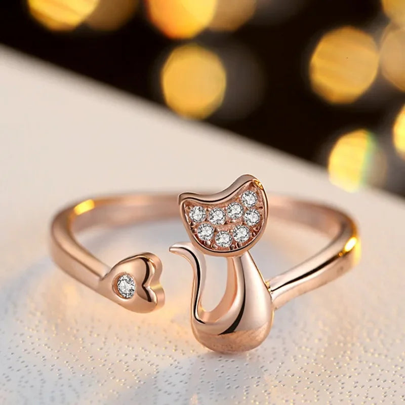 Bague Ouverte Chat Adorable – Zircon Cubique