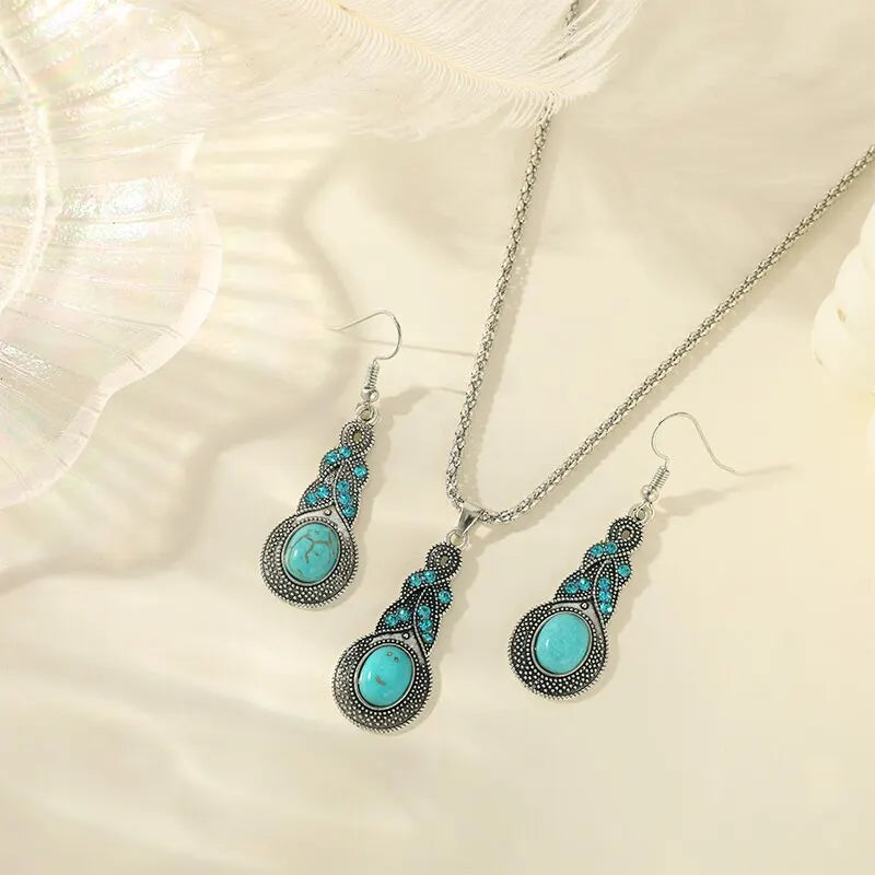 Ensemble de Bijoux en Turquoise - Collier en Argent Filigrané et Boucles d&
