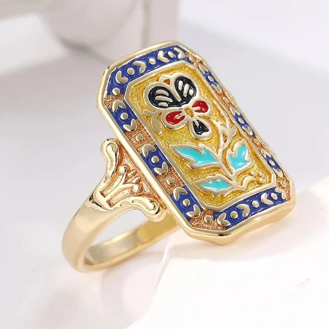 Bague Vintage Émaillée à Motif Floral