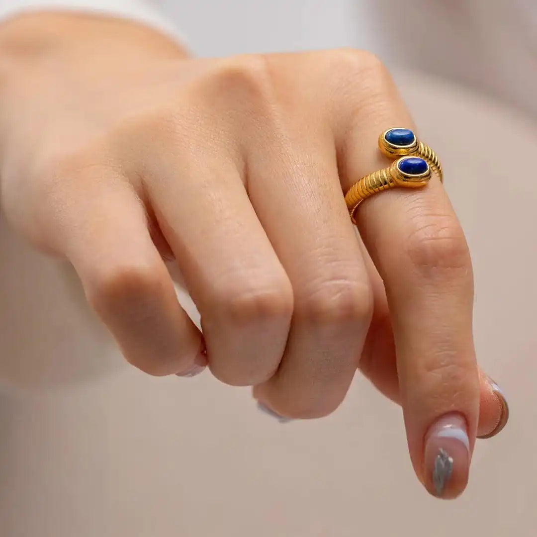 Bague Bohémienne Ajustable en Or avec Lapis Lazuli et Turquoise