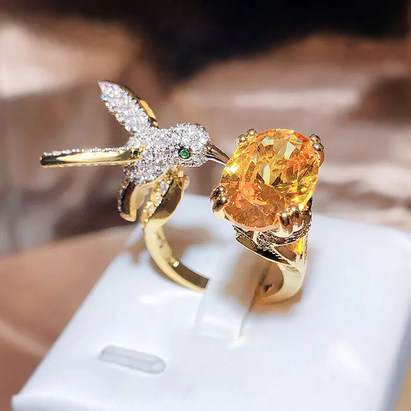 Bague Ajustable en Pierre Précieuse Colibri – Zircon, Plaqué Or 14K