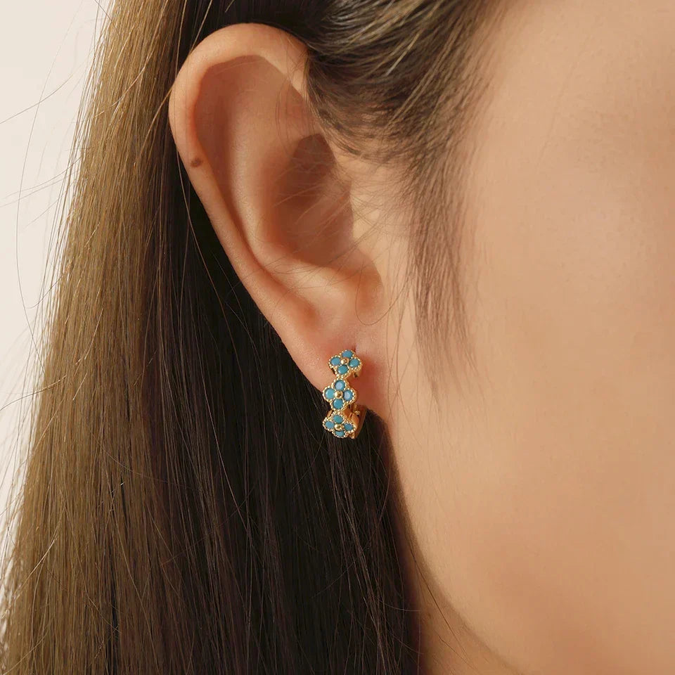 Stylish Turquoise Blue Floral Hoop Earrings