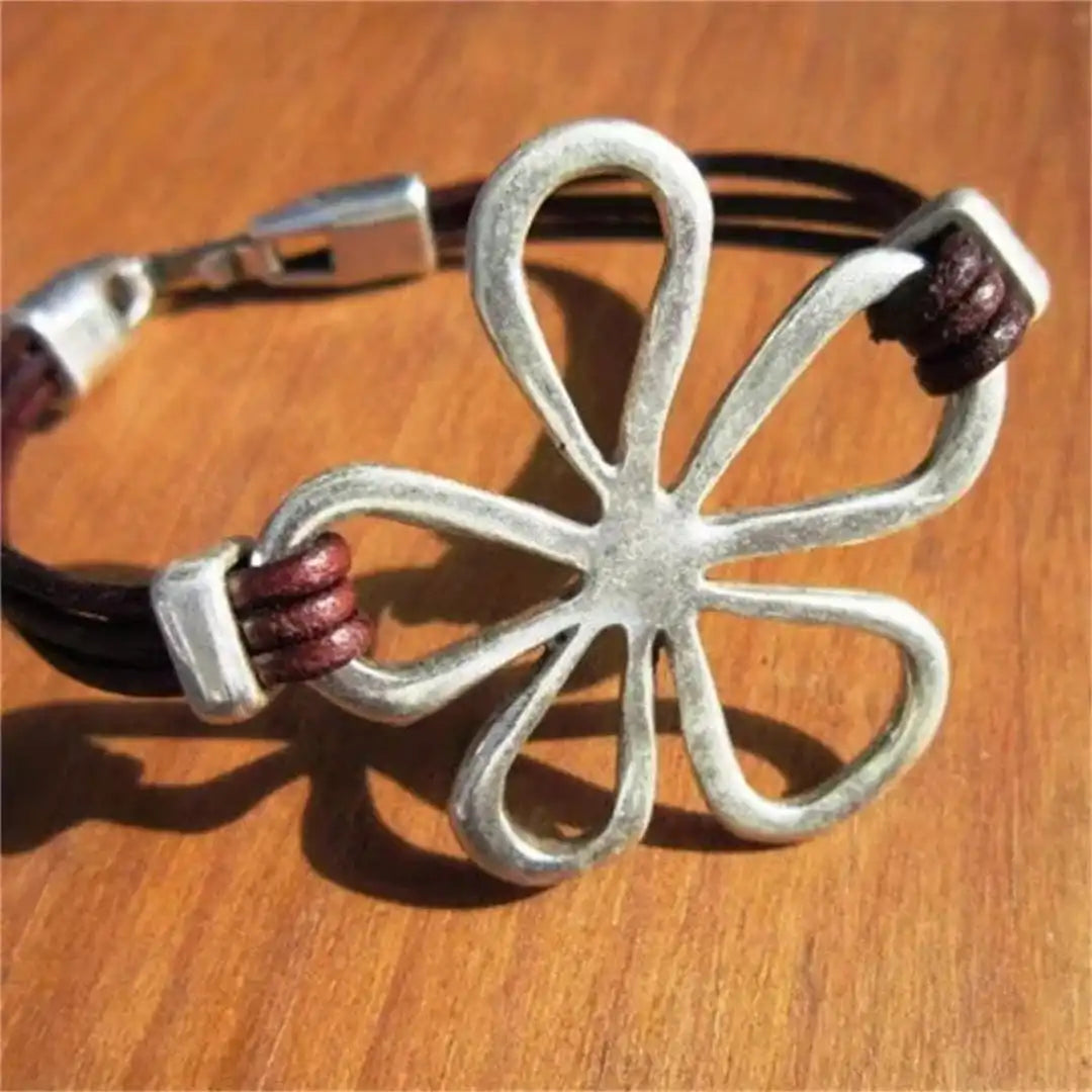 Bracelet Classique en Cuir Argenté avec Fleurs