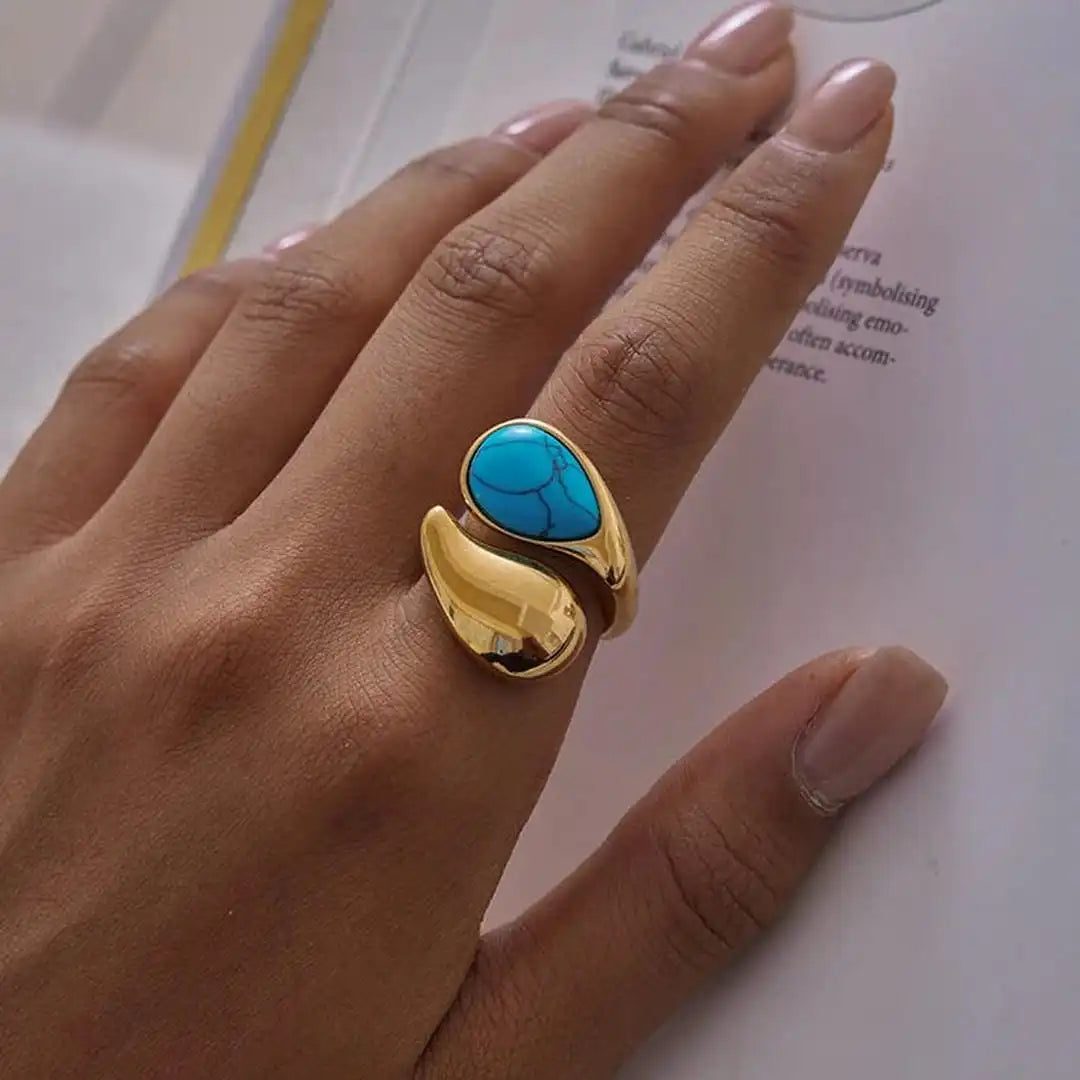 Bague en Or Ajustable avec Pierre Turquoise en Forme de Goutte
