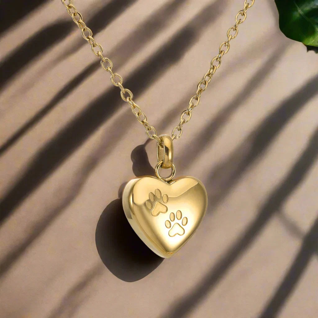 Collier Urne Mémorial pour Animaux – Pendentif Cœur avec Gravure de Patte