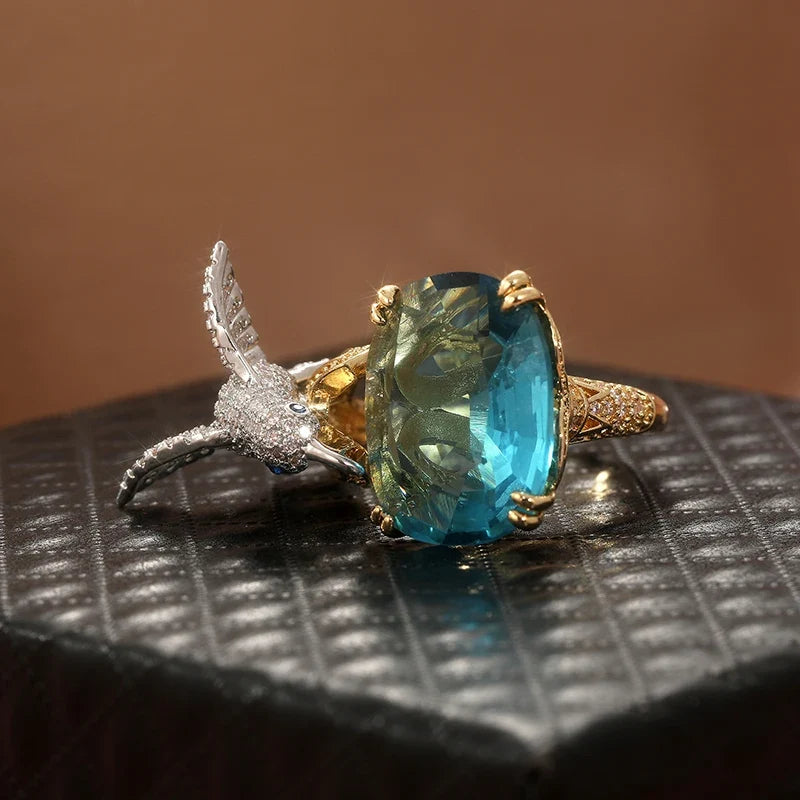 Bague Colibri Ajustable en Plaqué Or 14K - Couleur Aquamarine