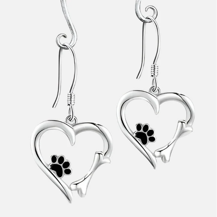 Silver Drop Earrings with Heart &amp; Paw Design