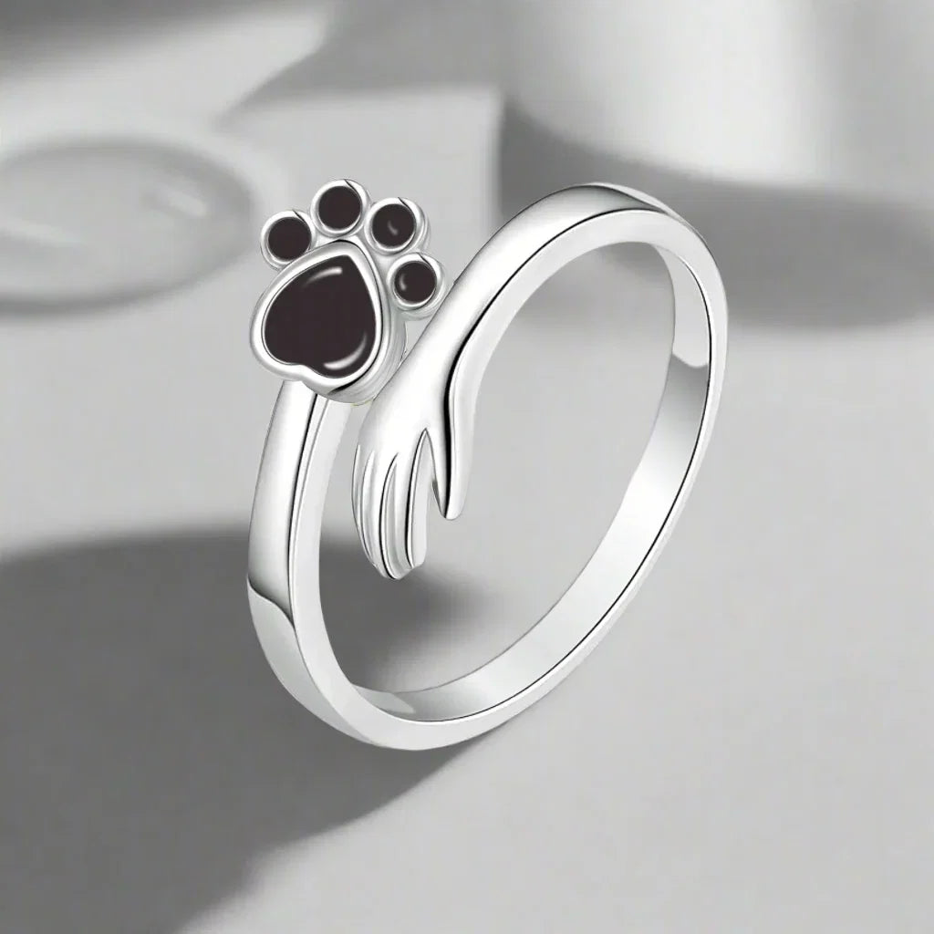 Bague Ajustable en Argent Sterling 925 – Design Empreinte de Main et de Patte