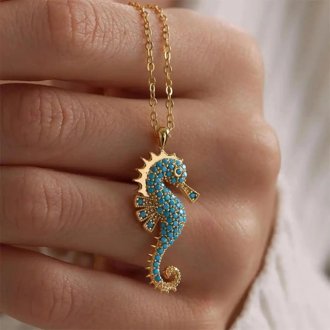 Pendentif Hippocampe en Or avec Collier en Turquoise