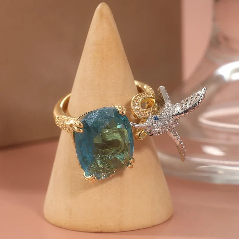 Bague Colibri Ajustable en Plaqué Or 14K - Couleur Aquamarine