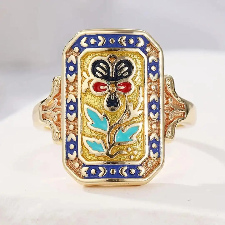Bague Vintage Émaillée à Motif Floral