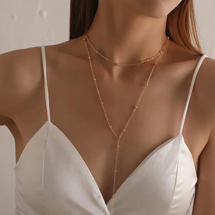 Collier à perles à franges longues en or à deux couches