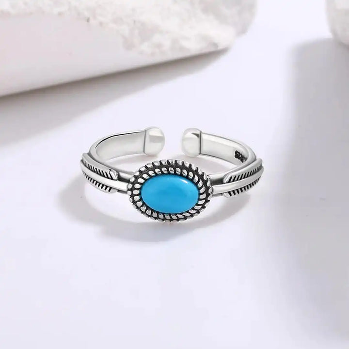 Bague Ajustable en Argent avec Plume et Turquoise