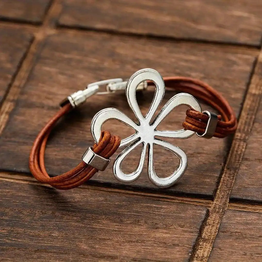 Bracelet Classique en Cuir Argenté avec Fleurs