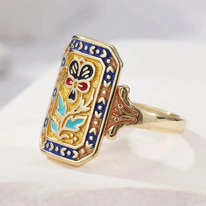 Bague Vintage Émaillée à Motif Floral