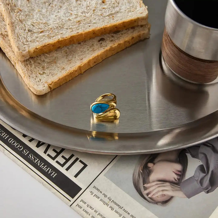 Bague en Or Ajustable avec Pierre Turquoise en Forme de Goutte