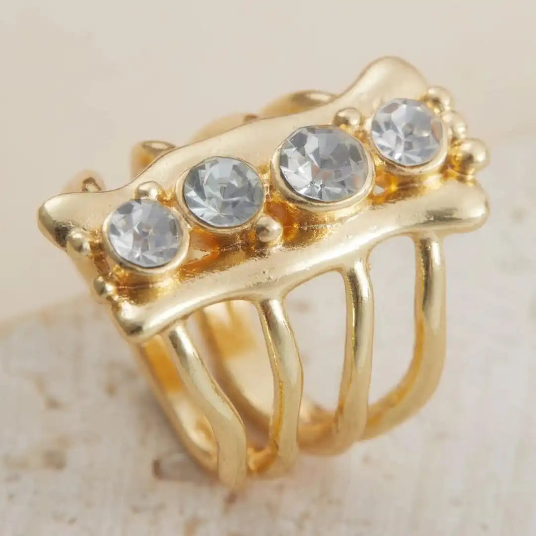 Bague en Or Raffiné avec Cristaux Multi-Bandes