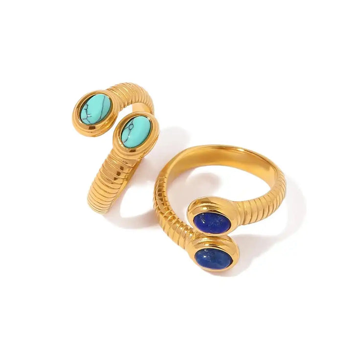 Bague Bohémienne Ajustable en Or avec Lapis Lazuli et Turquoise
