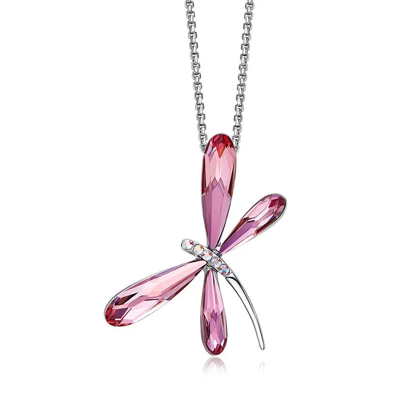 Collier Pendentif Libellule en Cristal Rose