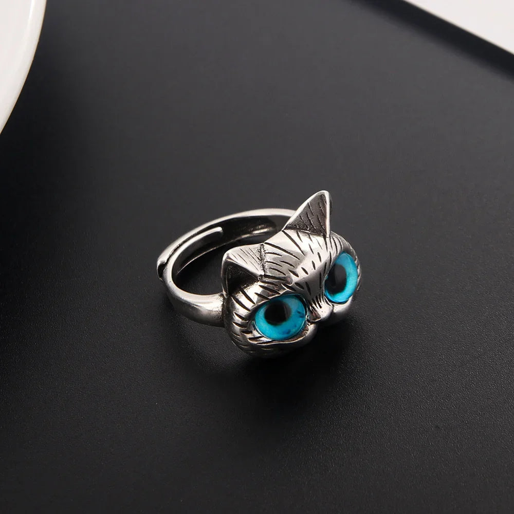 Bague Chat aux Yeux Bleus – Bague Animale Vintage en Argent pour Passionnés de Chats