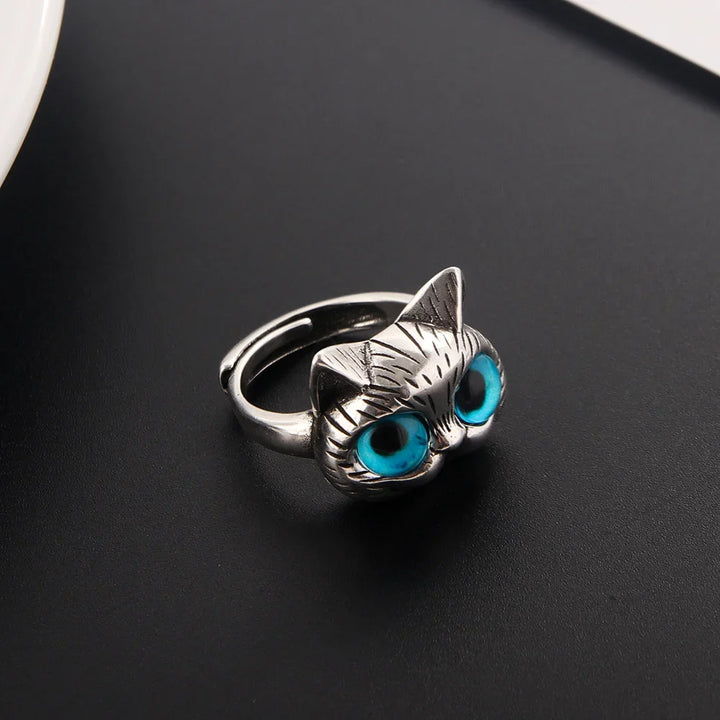 Bague Chat aux Yeux Bleus – Bague Animale Vintage en Argent pour Passionnés de Chats