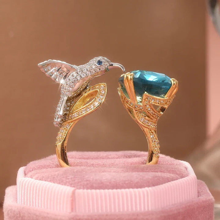 Bague Colibri Ajustable en Plaqué Or 14K - Couleur Aquamarine