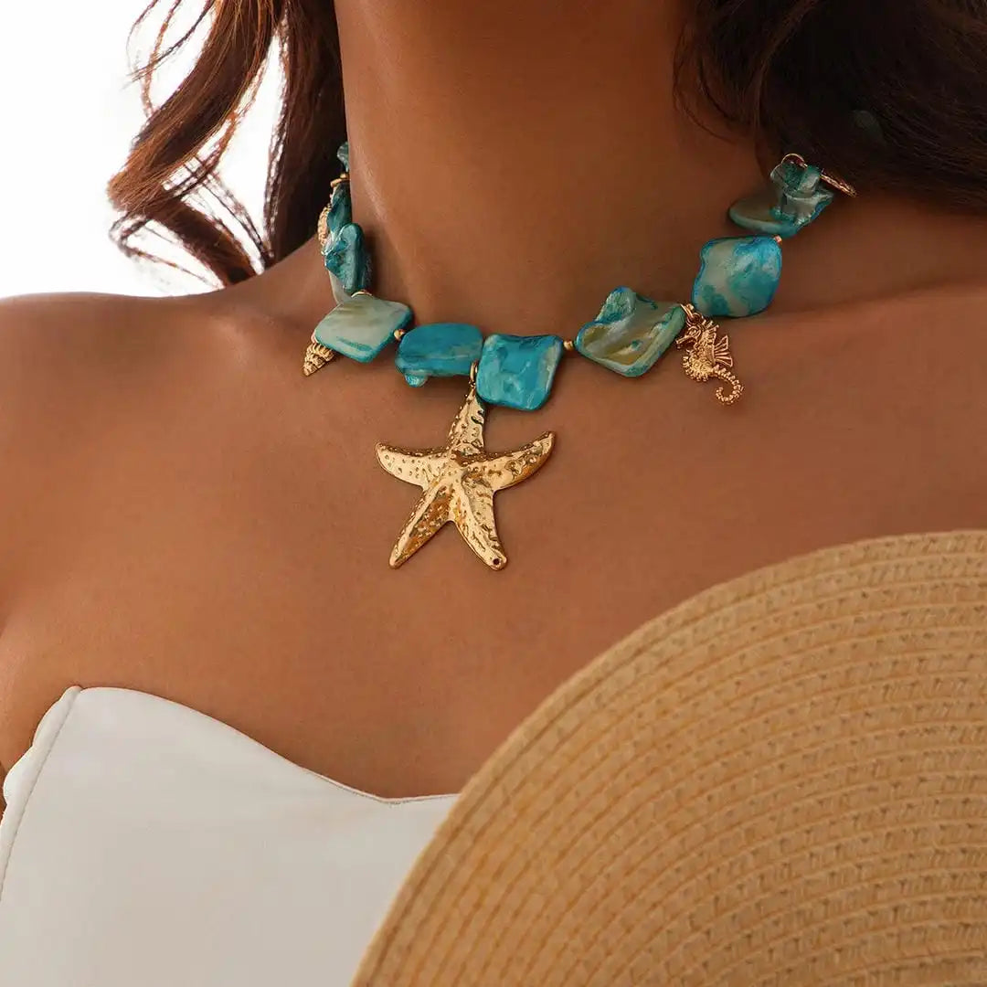 Collier Pendentif Étoile de Mer en Pierre Bohème