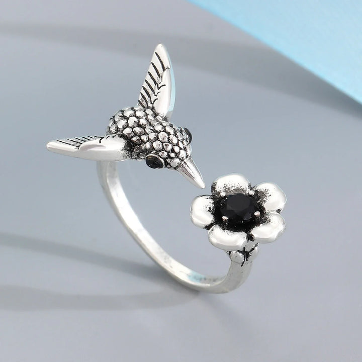 Bague Colibri et Fleur – Bague Ouvrante Ajustable pour Femmes