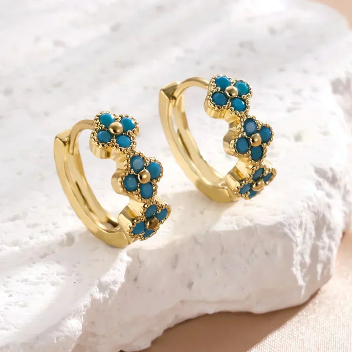 Stylish Turquoise Blue Floral Hoop Earrings
