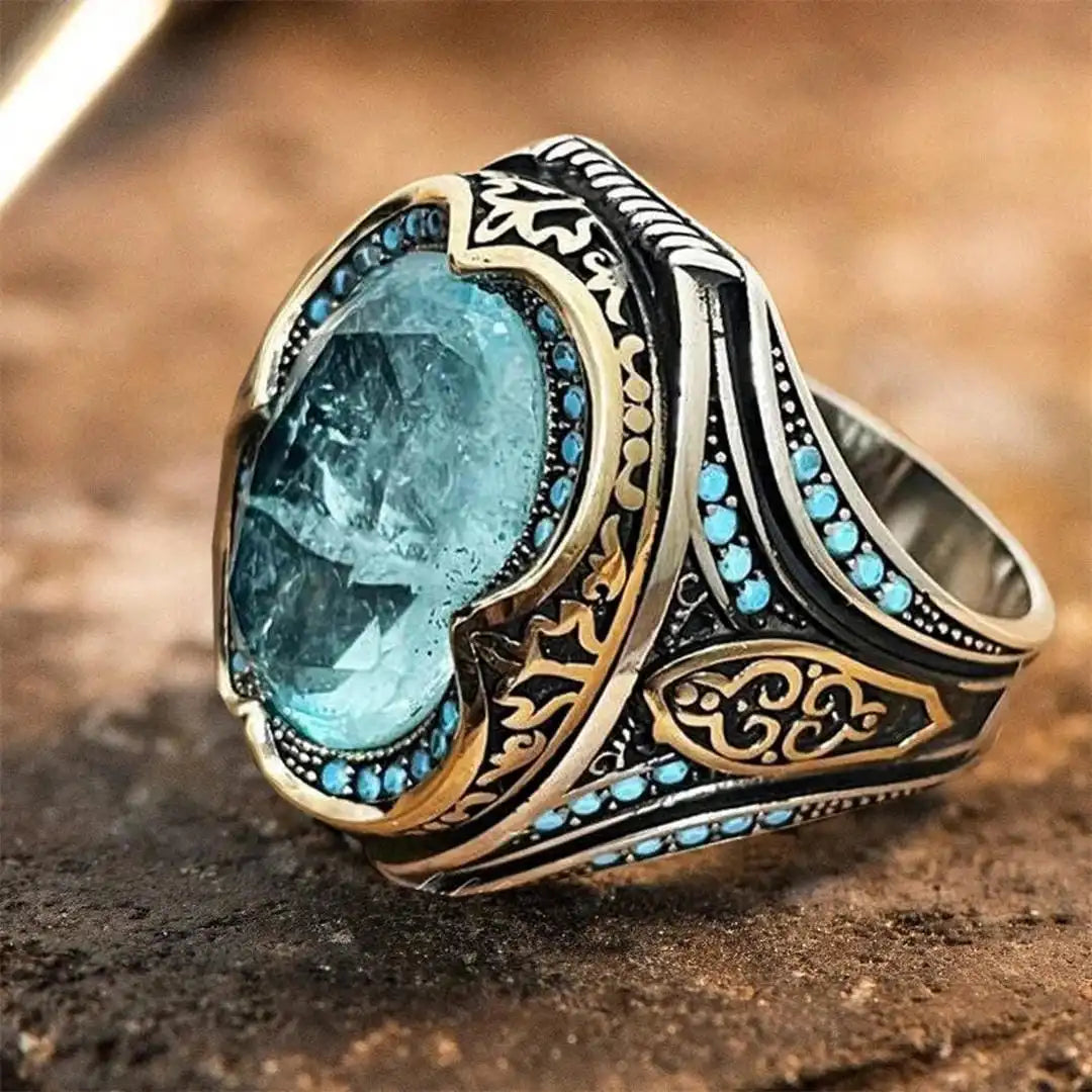 Bague en Zircon Bleu Argent Vieilli