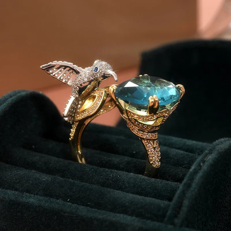 Bague Colibri Ajustable en Plaqué Or 14K - Couleur Aquamarine