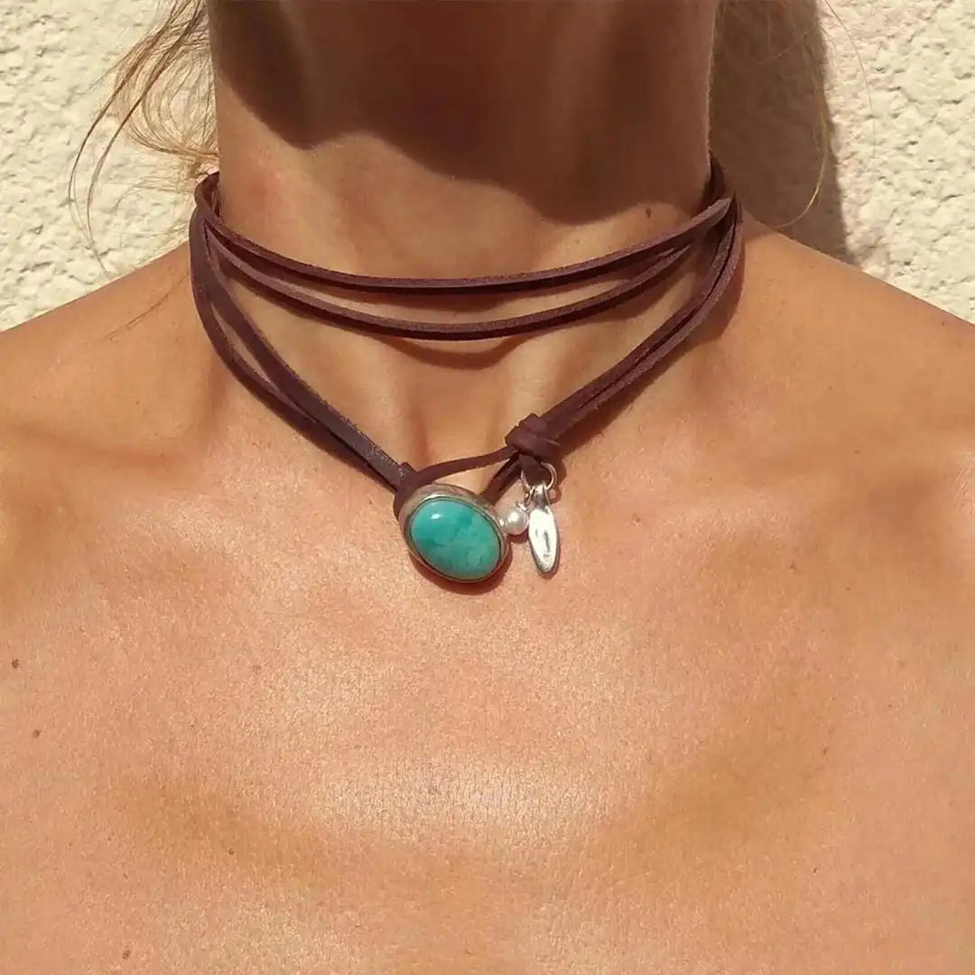 Collier Pendentif Bohémien en Turquoise Vintage
