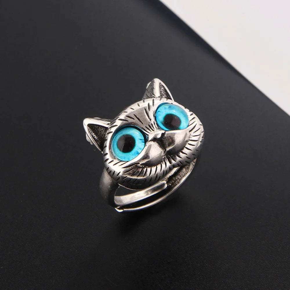 Bague Chat aux Yeux Bleus – Bague Animale Vintage en Argent pour Passionnés de Chats