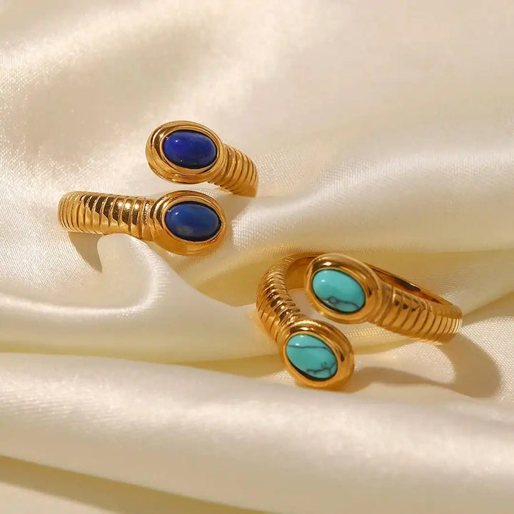 Bague Bohémienne Ajustable en Or avec Lapis Lazuli et Turquoise