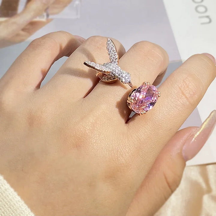 Bague Ajustable en Pierre Précieuse Colibri – Zircon, Plaqué Or 14K