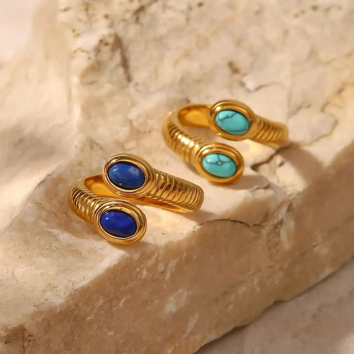 Bague Bohémienne Ajustable en Or avec Lapis Lazuli et Turquoise