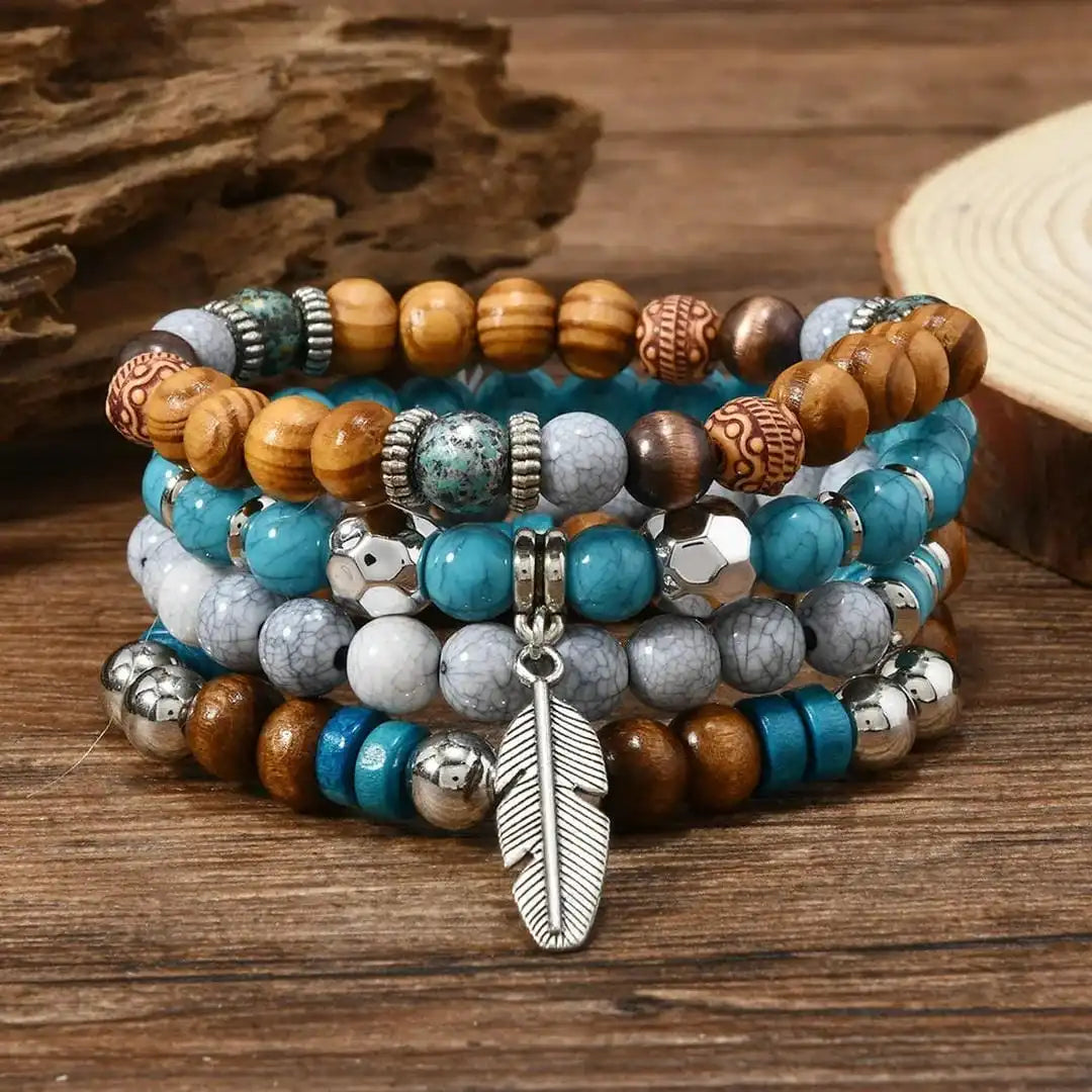 Bracelet en perles de turquoise et plumes bohèmes