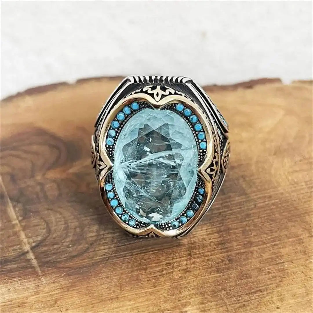 Bague en Zircon Bleu Argent Vieilli