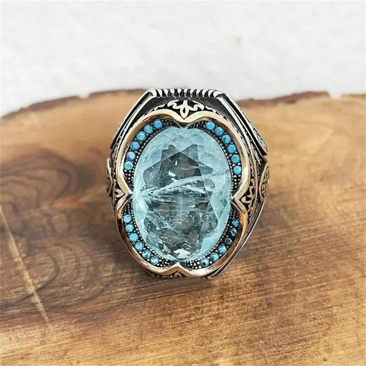 Bague en Zircon Bleu Argent Vieilli