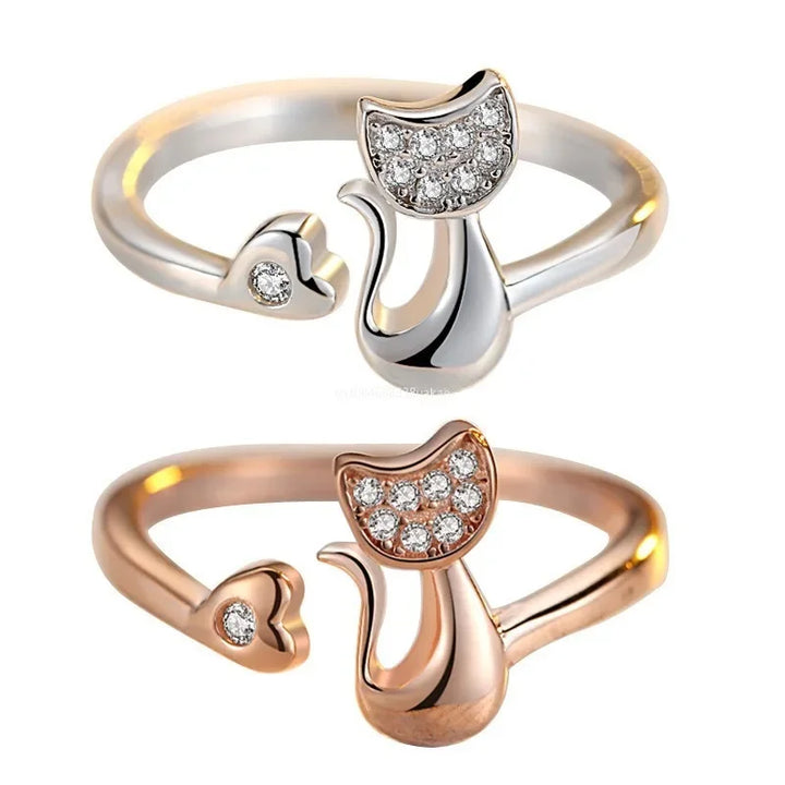 Bague Ouverte Chat Adorable – Zircon Cubique