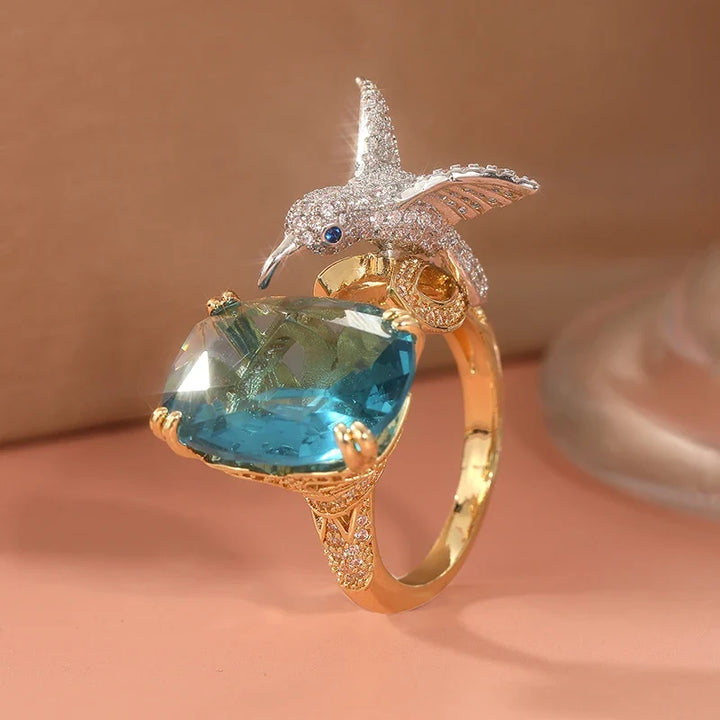 Bague Colibri Ajustable en Plaqué Or 14K - Couleur Aquamarine