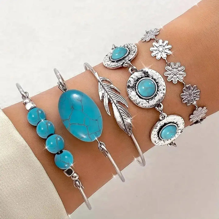 Ensemble de Bracelets Vintage en Argent et Turquoise à Motif Floral
