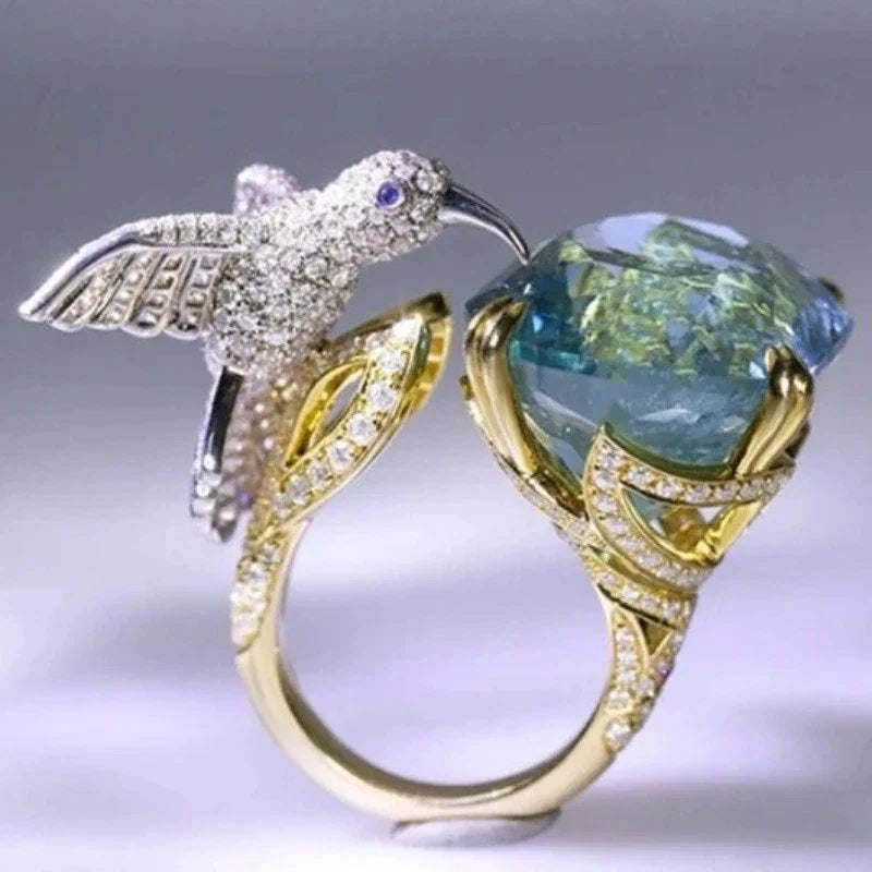 Bague Colibri Ajustable en Plaqué Or 14K - Couleur Aquamarine