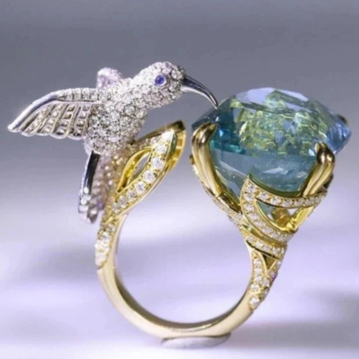 Bague Colibri Ajustable en Plaqué Or 14K - Couleur Aquamarine